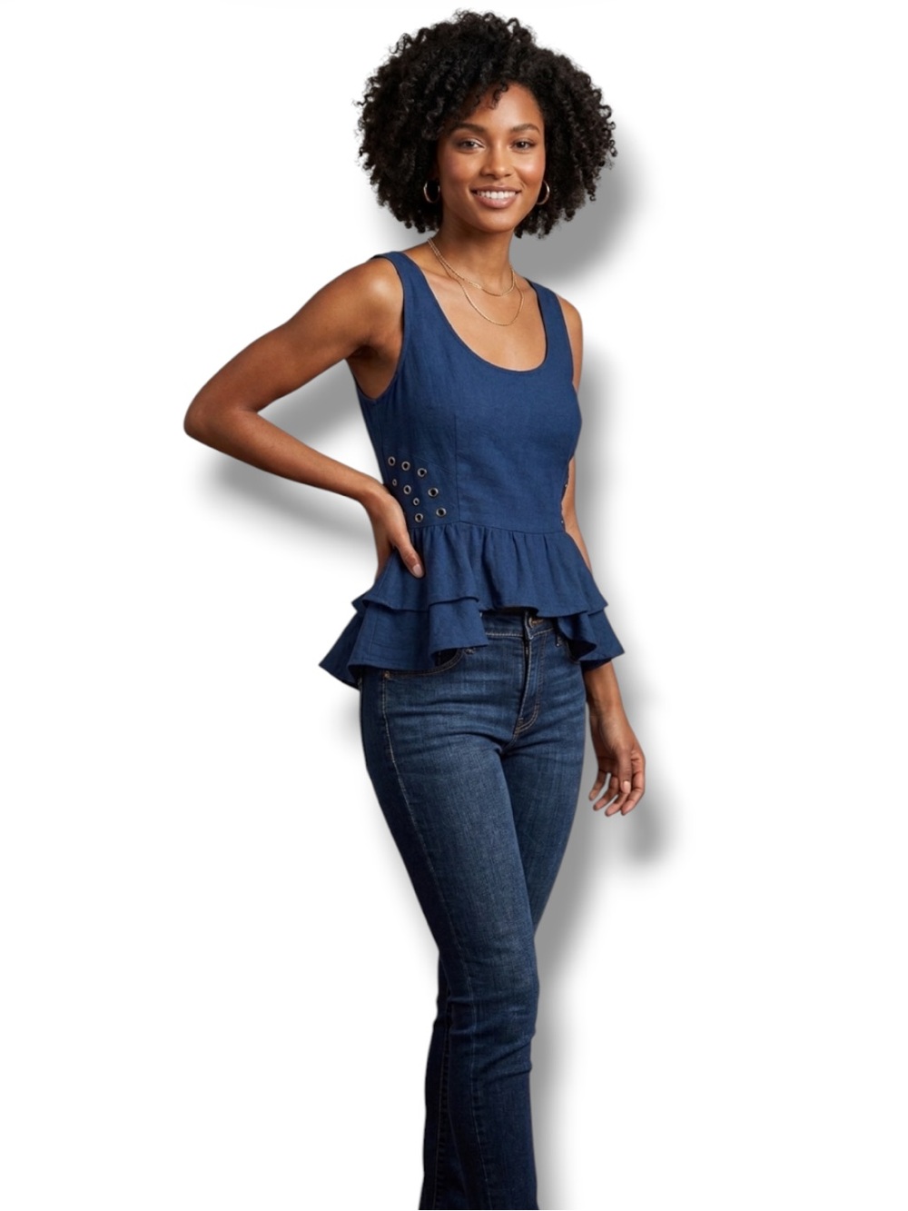 Millau Top Navy Blue/Indigo/Navy Peplum Ruffle Hem Grommets Tank Women’s Size M